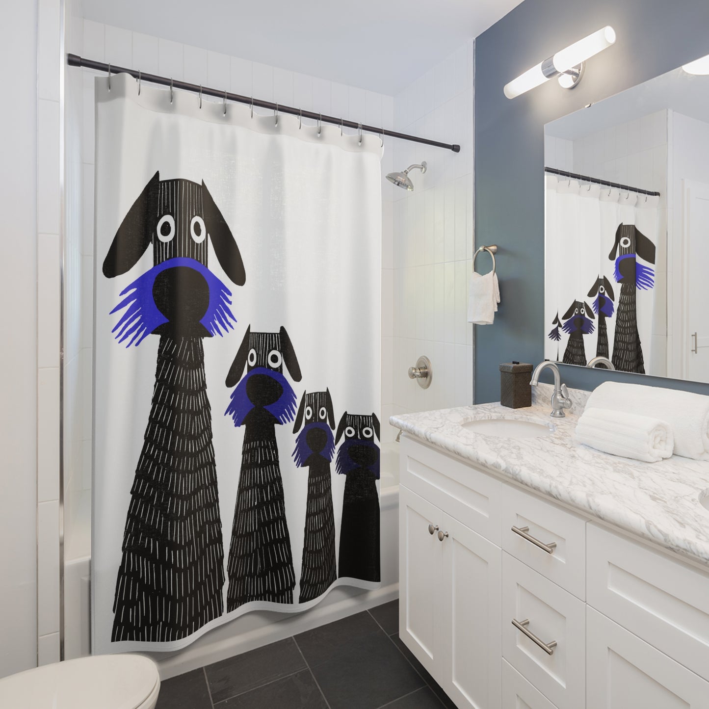 Retro Inspired Wide Eyed Dogs Shower Curtain Primary Blue Gradient