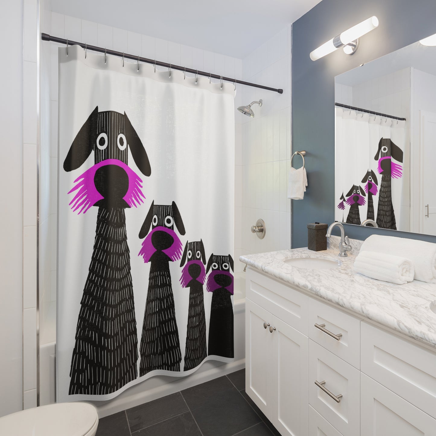 Retro Inspired Wide Eyed Dogs Shower Curtain Pink Gradient