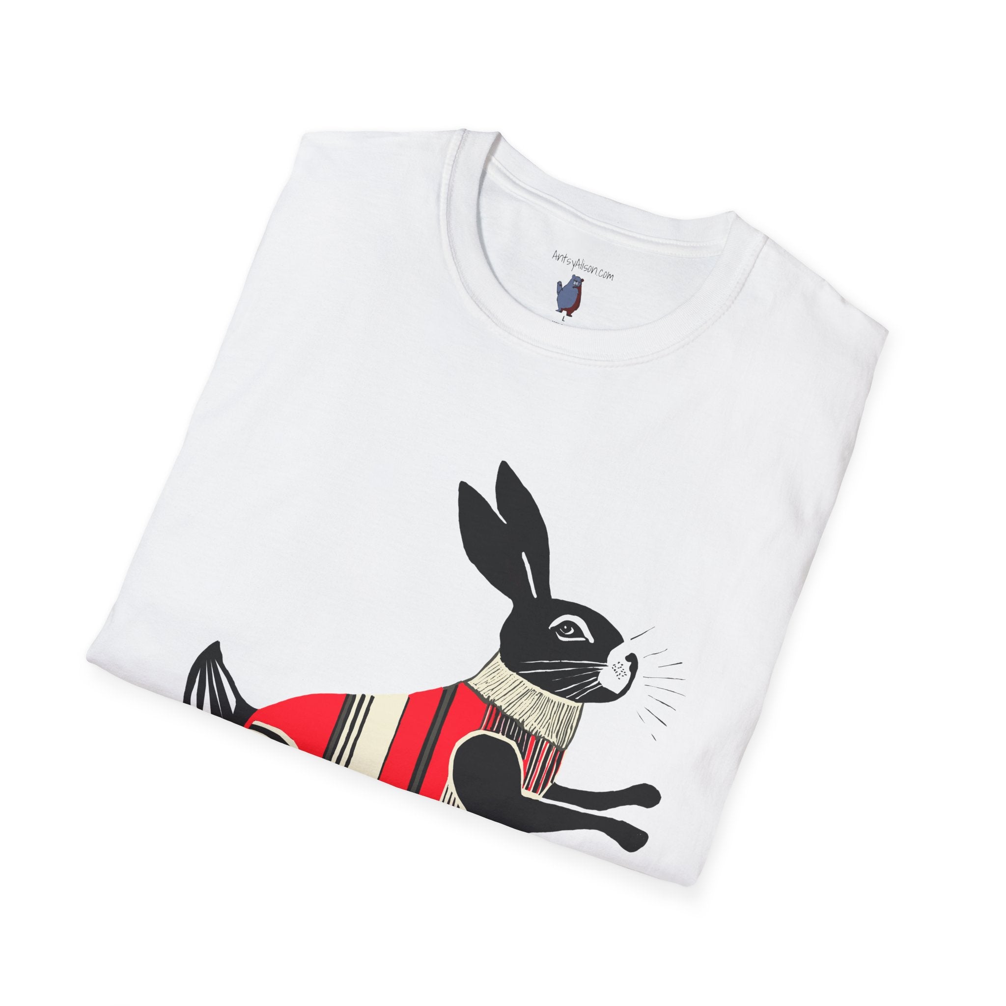 Leaping Bunny in Sweater Graphic Art - 100% Cotton T-Shirt