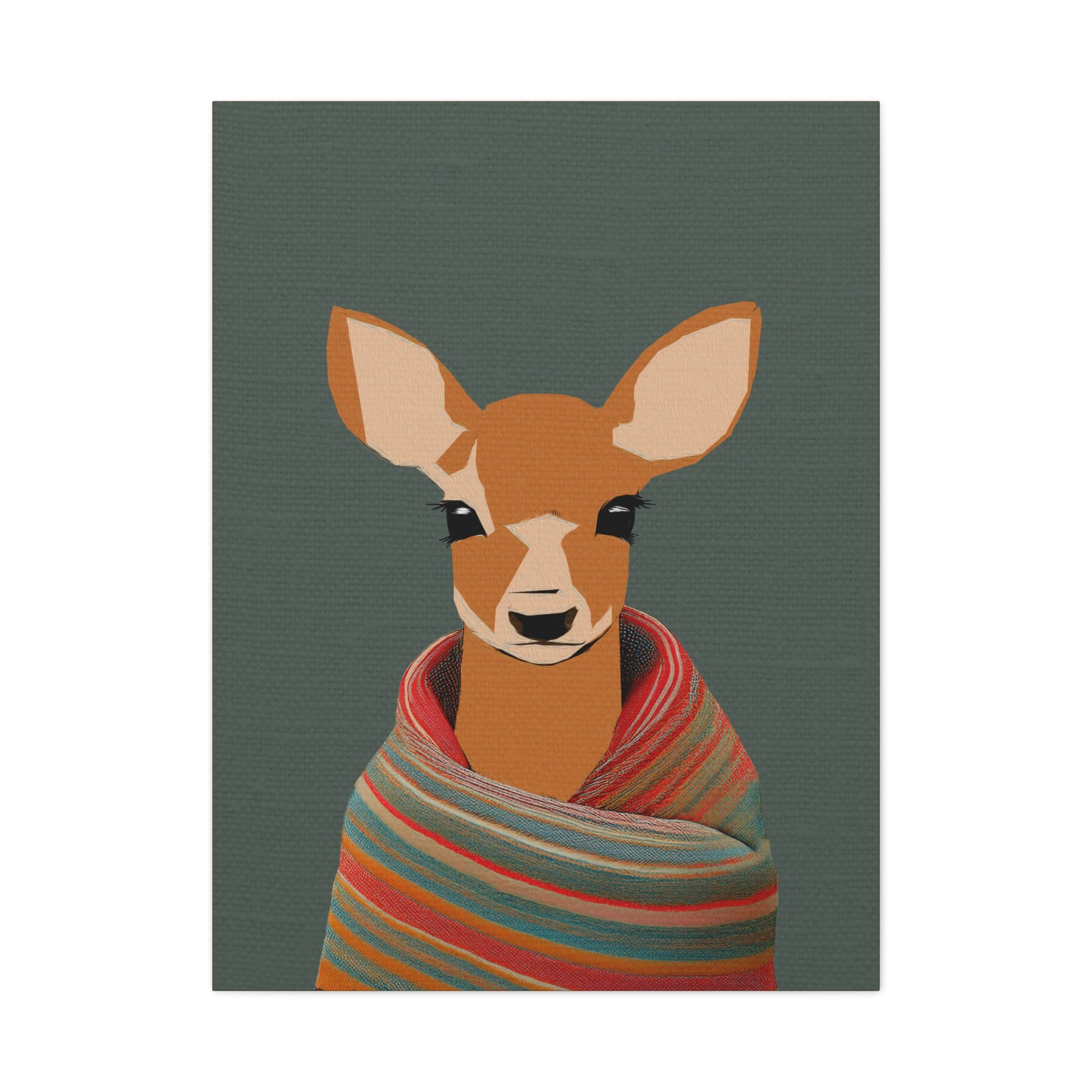 Midwest Mod Baby Deer Doe with Blanket Winter Print- Matte Canvas, Stretched, 1.25", holiday decor, winter, cozy, deer, doe, blankets