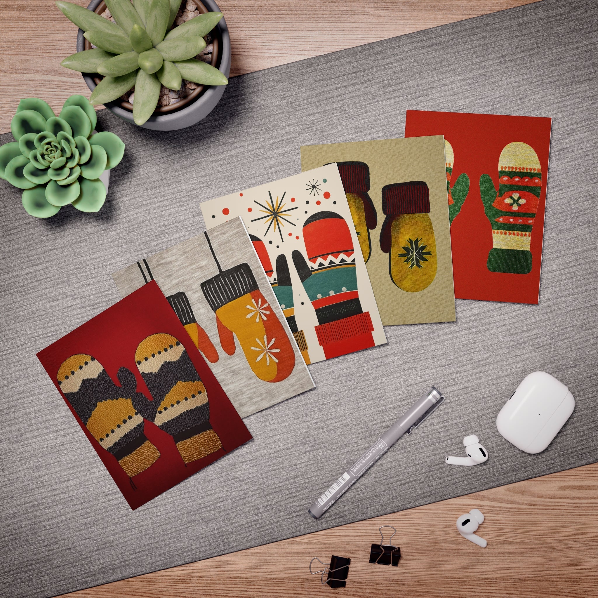 Festive Multi-Design Retro Winter Mittens Greeting Card (5-Pack) - Christmas & Holiday Collection