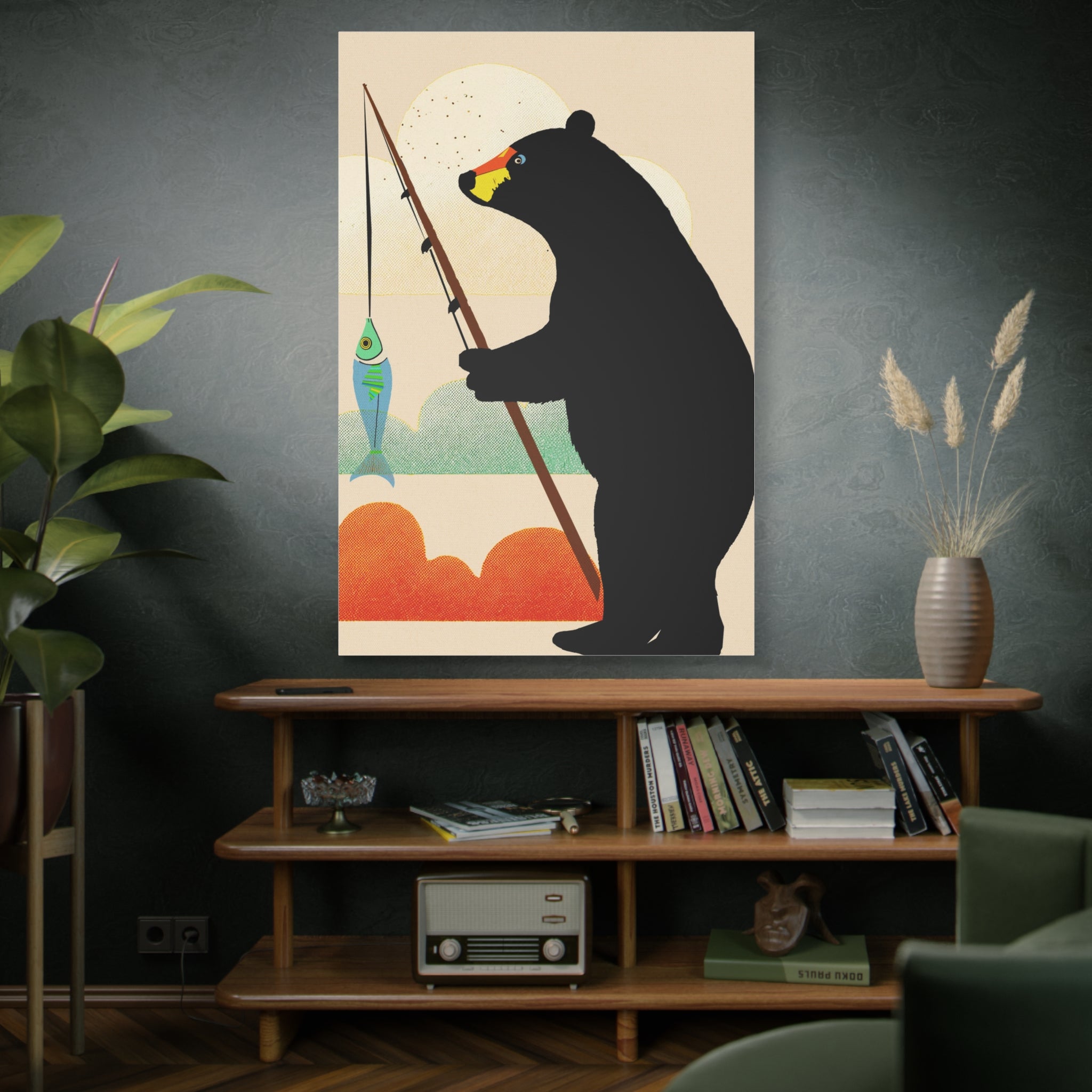 Fishing Bear with Catch Graphic Art Print - Matte Canvas, Stretched, 1.25"
