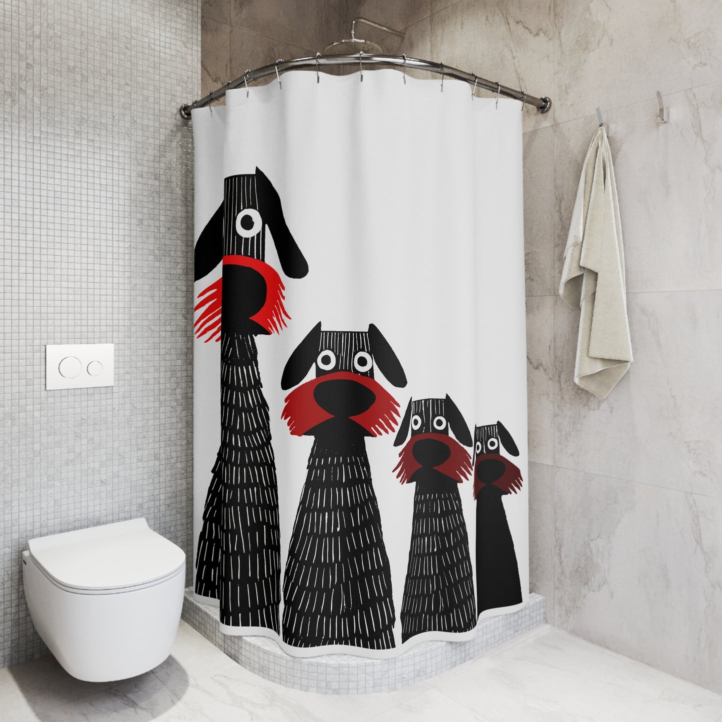 Retro Inspired Wide Eyed Dogs Shower Curtain Red Gradient