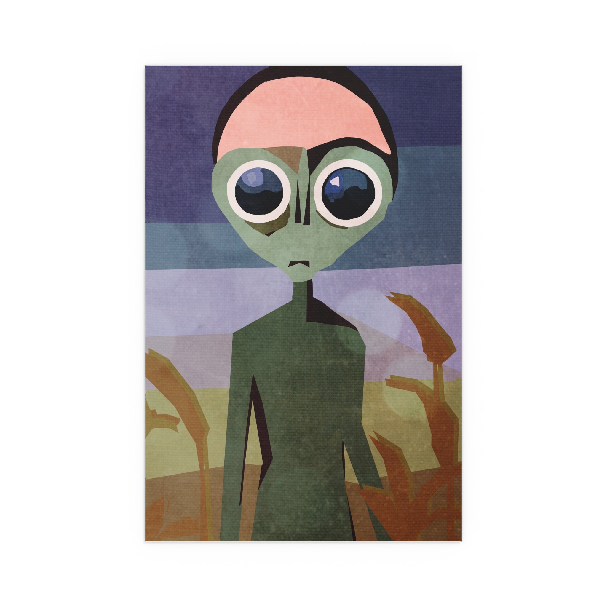 Midwest Mod Wide Eyed Alien in Cornfield Seasonal Silk Poster, Indoor and Outdoor Decor, Unique Home Decor, Seasonal Decor, Halloween, Alien