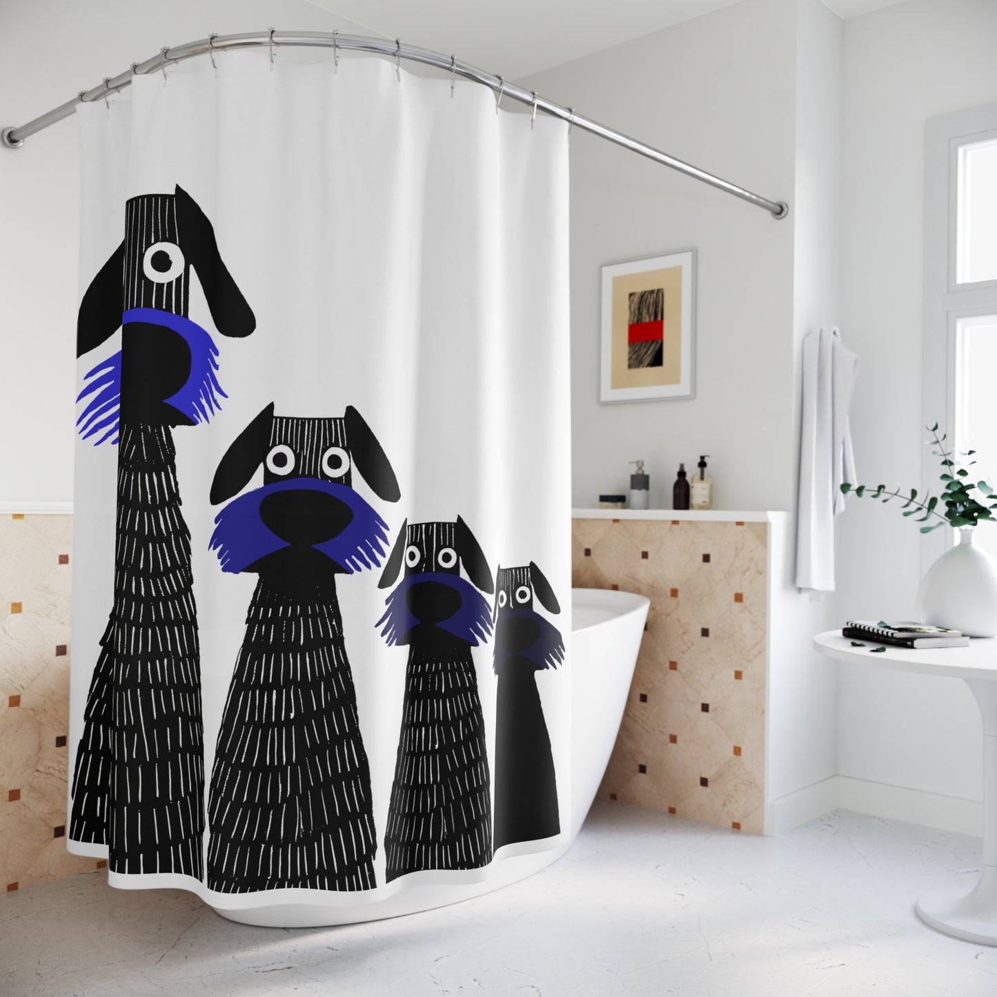 Retro Inspired Wide Eyed Dogs Shower Curtain Primary Blue Gradient