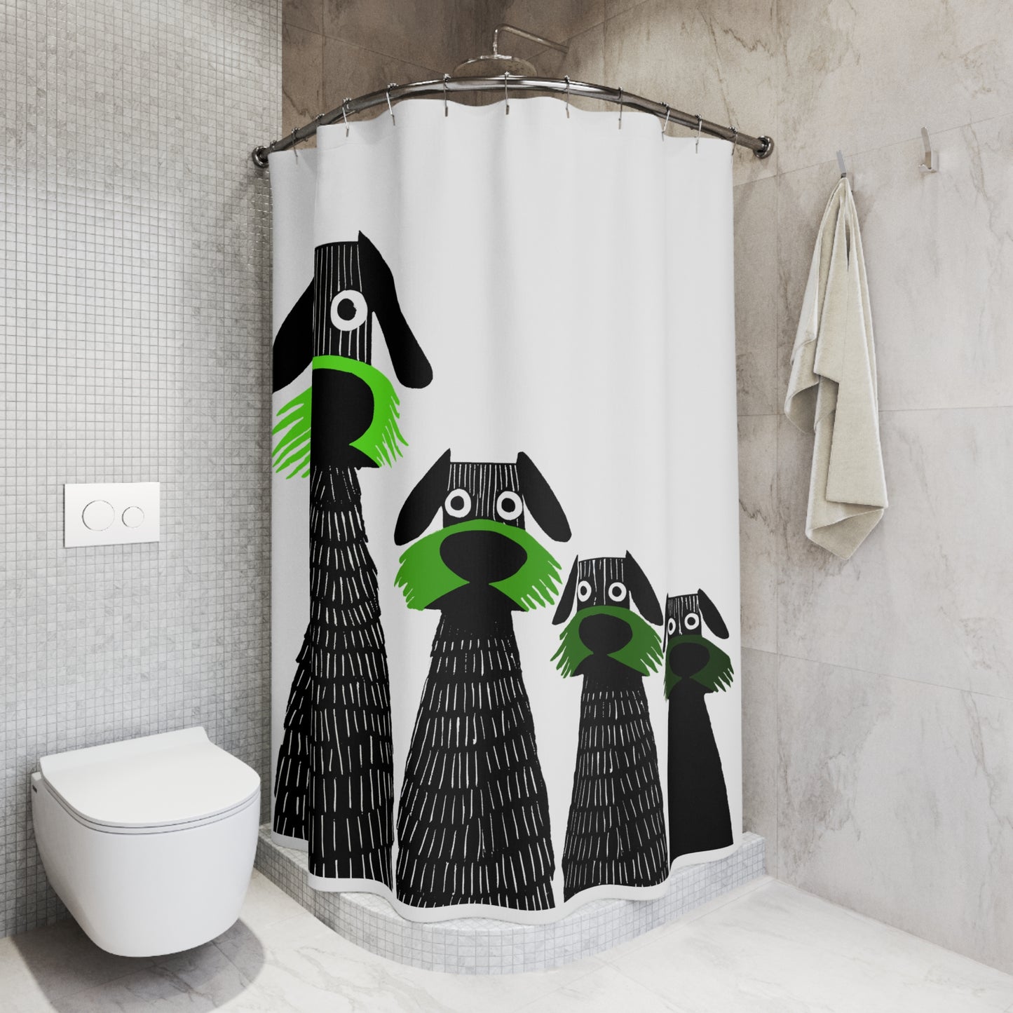 Retro Inspired Wide Eyed Dogs Shower Curtain Green Gradient