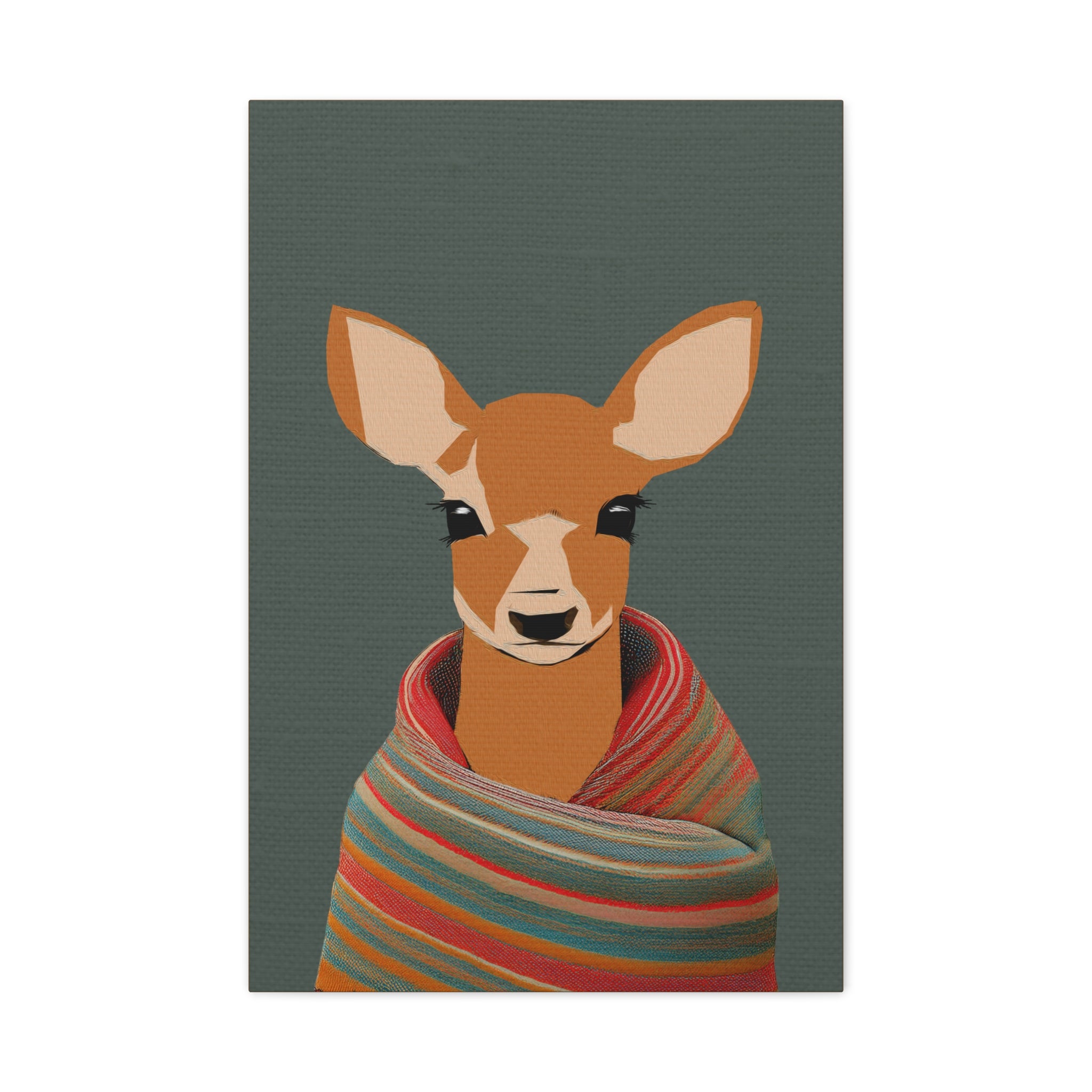 Midwest Mod Baby Deer Doe with Blanket Winter Print- Matte Canvas, Stretched, 1.25", holiday decor, winter, cozy, deer, doe, blankets