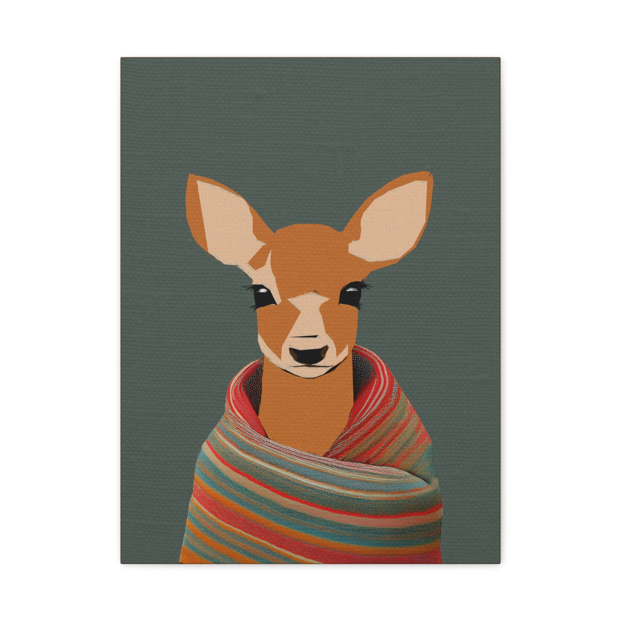 Midwest Mod Baby Deer Doe with Blanket Winter Print- Matte Canvas, Stretched, 1.25", holiday decor, winter, cozy, deer, doe, blankets