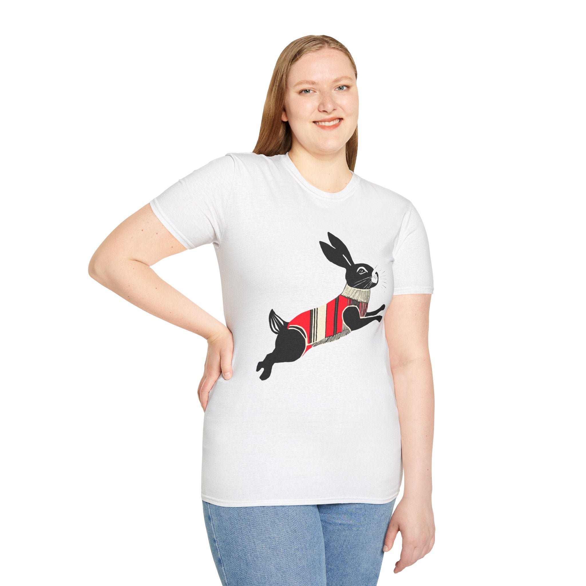 Leaping Bunny in Sweater Graphic Art - 100% Cotton T-Shirt