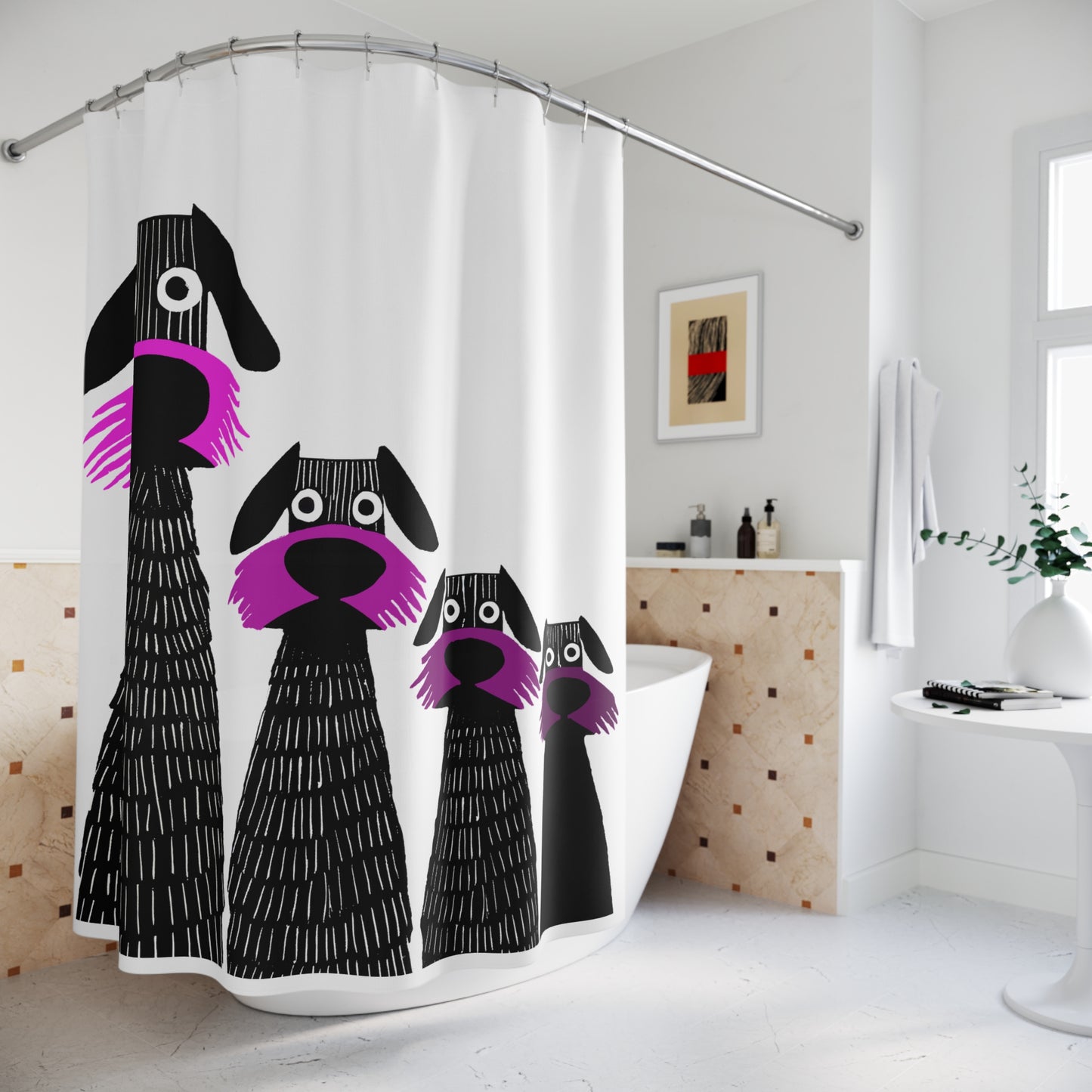 Retro Inspired Wide Eyed Dogs Shower Curtain Pink Gradient