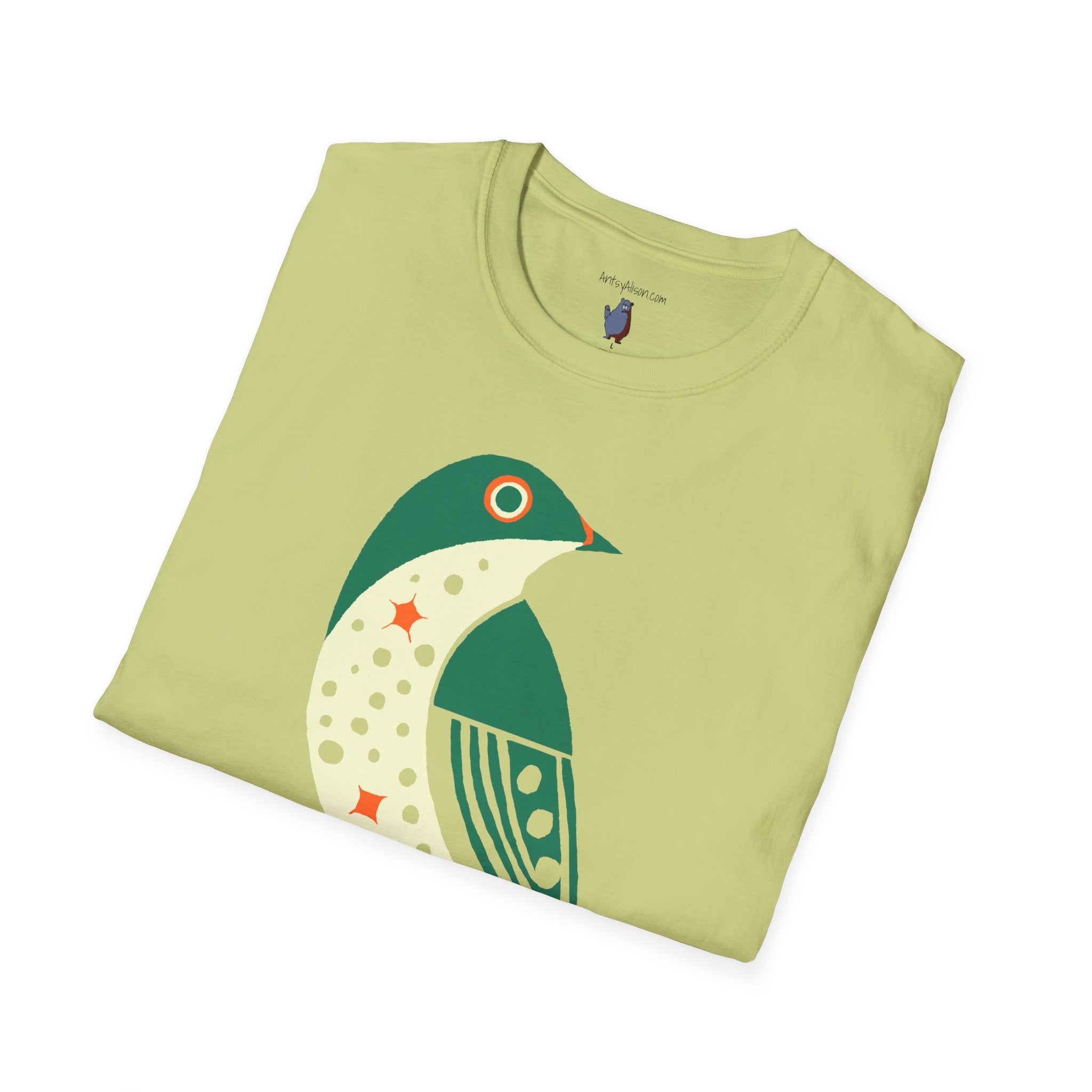 Green and Orange Moon Bird Graphic Art Tee - 100% Cotton T-Shirt