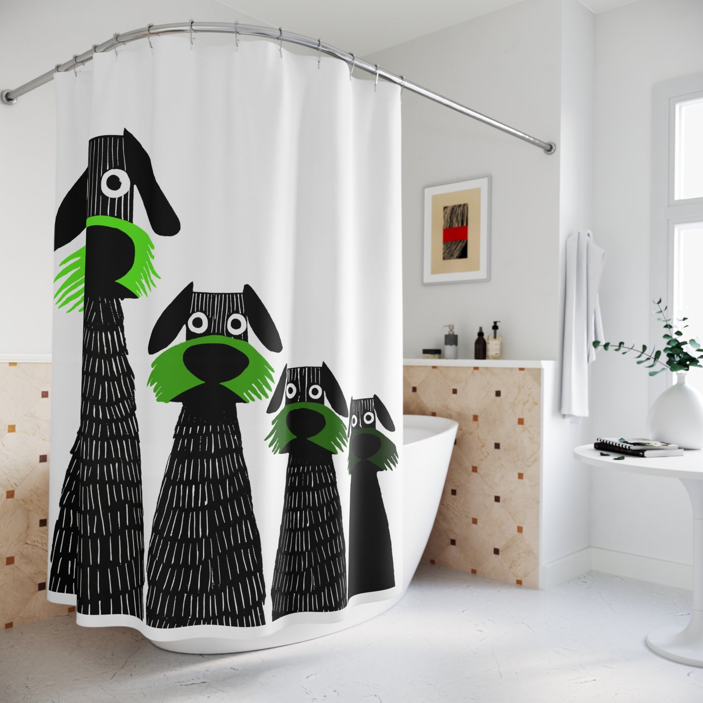 Retro Inspired Wide Eyed Dogs Shower Curtain Green Gradient