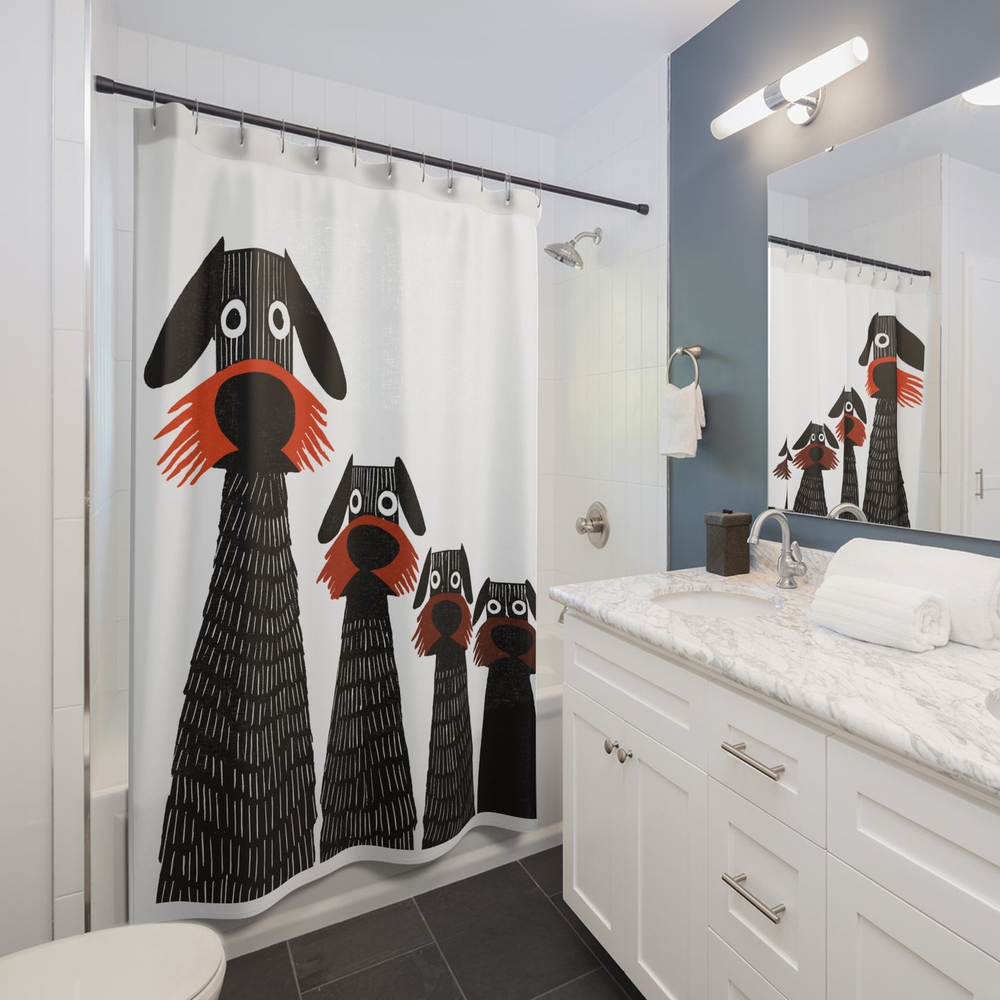 Retro Inspired Wide Eyed Dogs Shower Curtain Orange Gradient