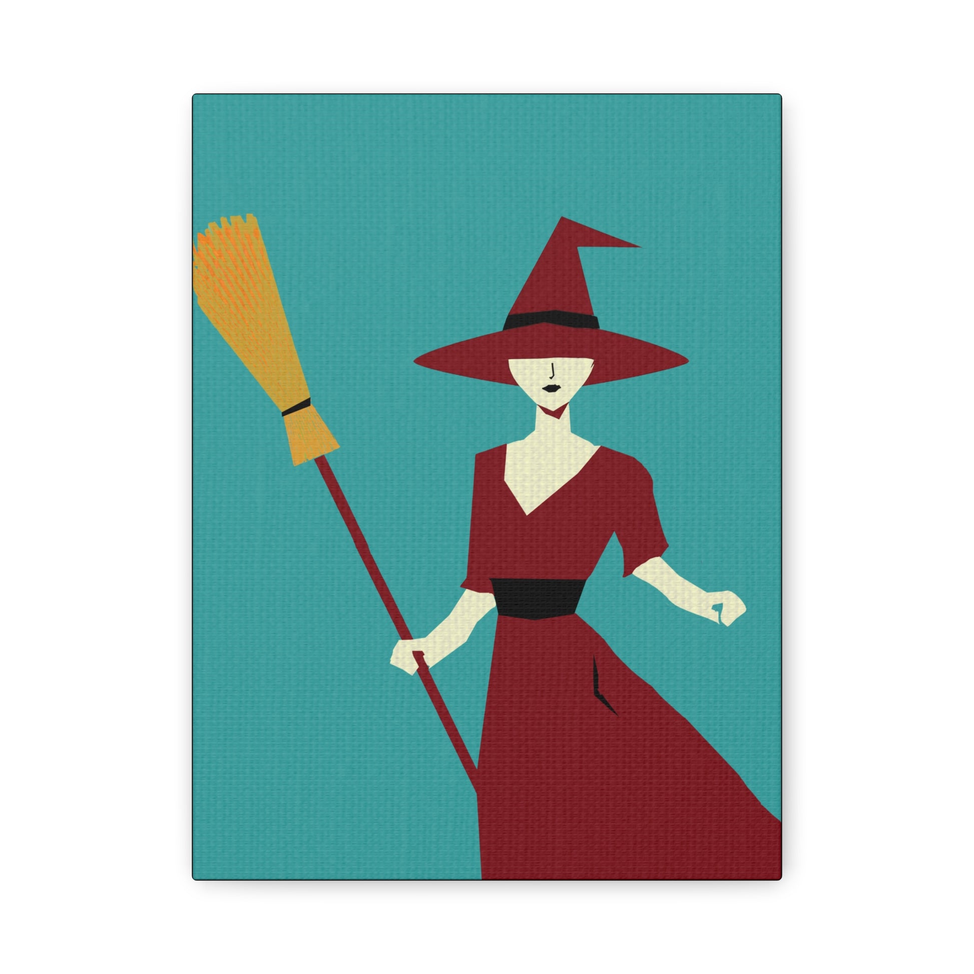 Halloween Seasonal Midwest Mod Witch with Broom Art Print - Matte Canvas, Stretched, 1.25"