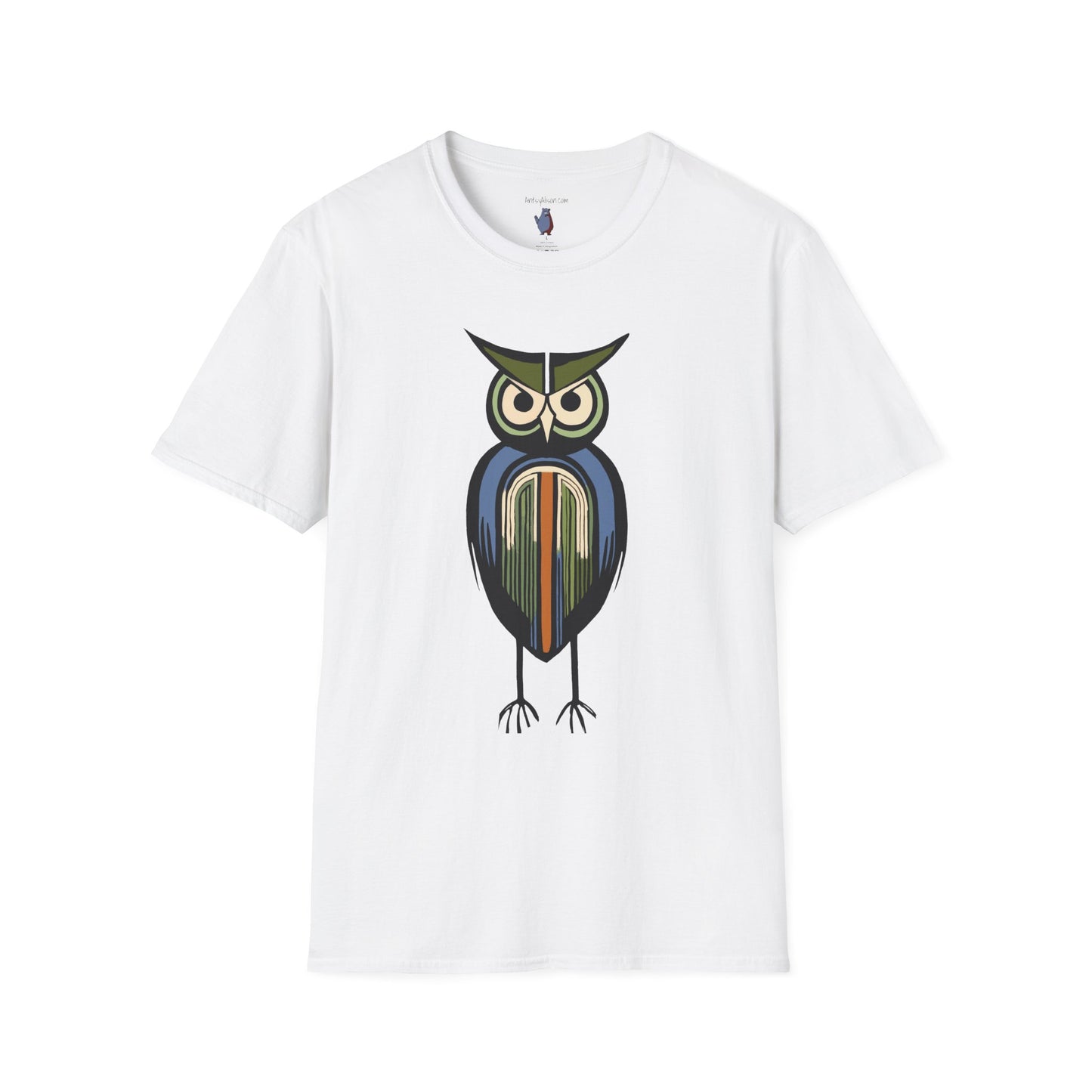 Midwest Modern Serious Striped Owl Graphic Art Tee - 100% Cotton T-Shirt