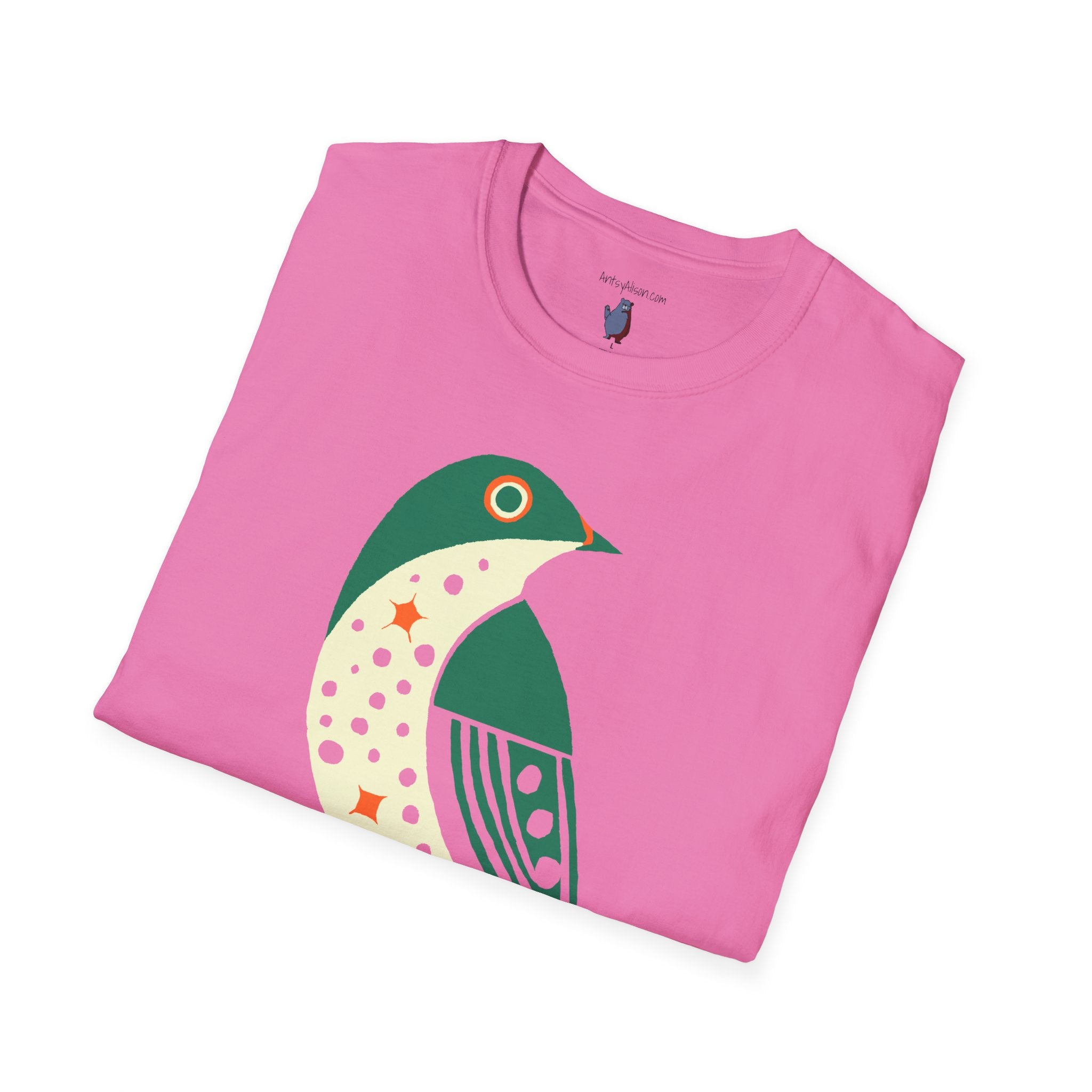 Green and Orange Moon Bird Graphic Art Tee - 100% Cotton T-Shirt