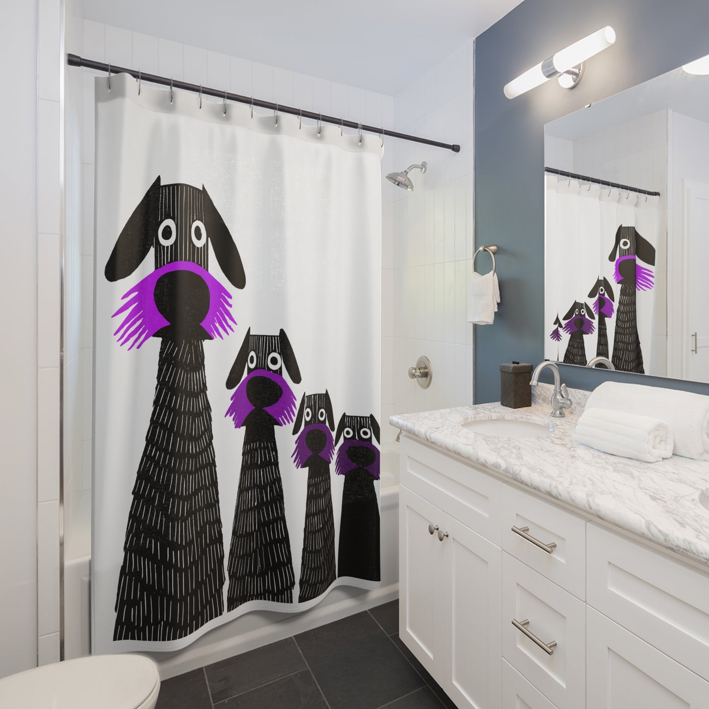 Retro Inspired Wide Eyed Dogs Shower Curtain Purple Gradient