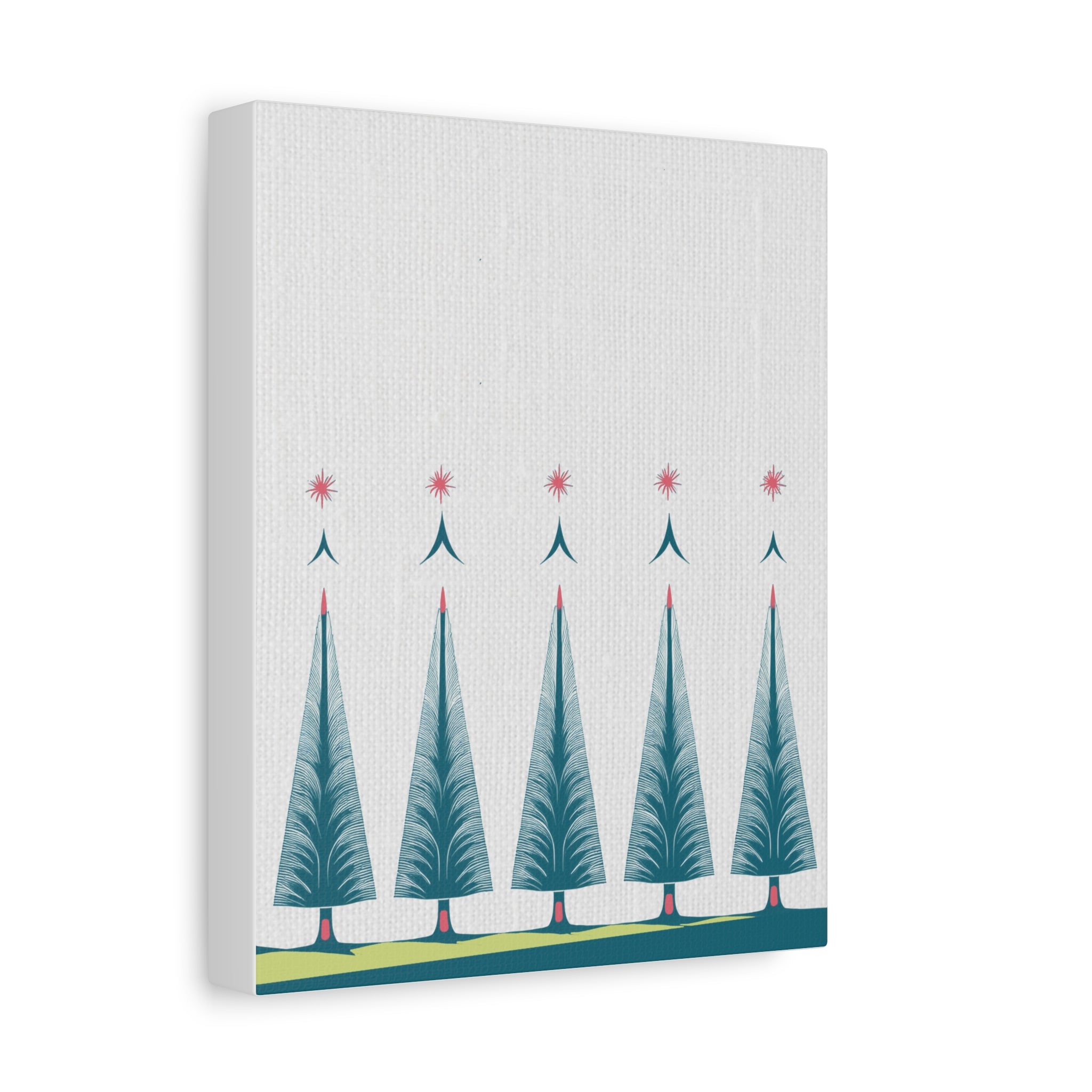 Midwest Mod Holiday Five Folk Trees Print- Matte Canvas, Stretched, 1.25", holiday decor, Christmas, Trees, Whimsical, Scandi, Folk