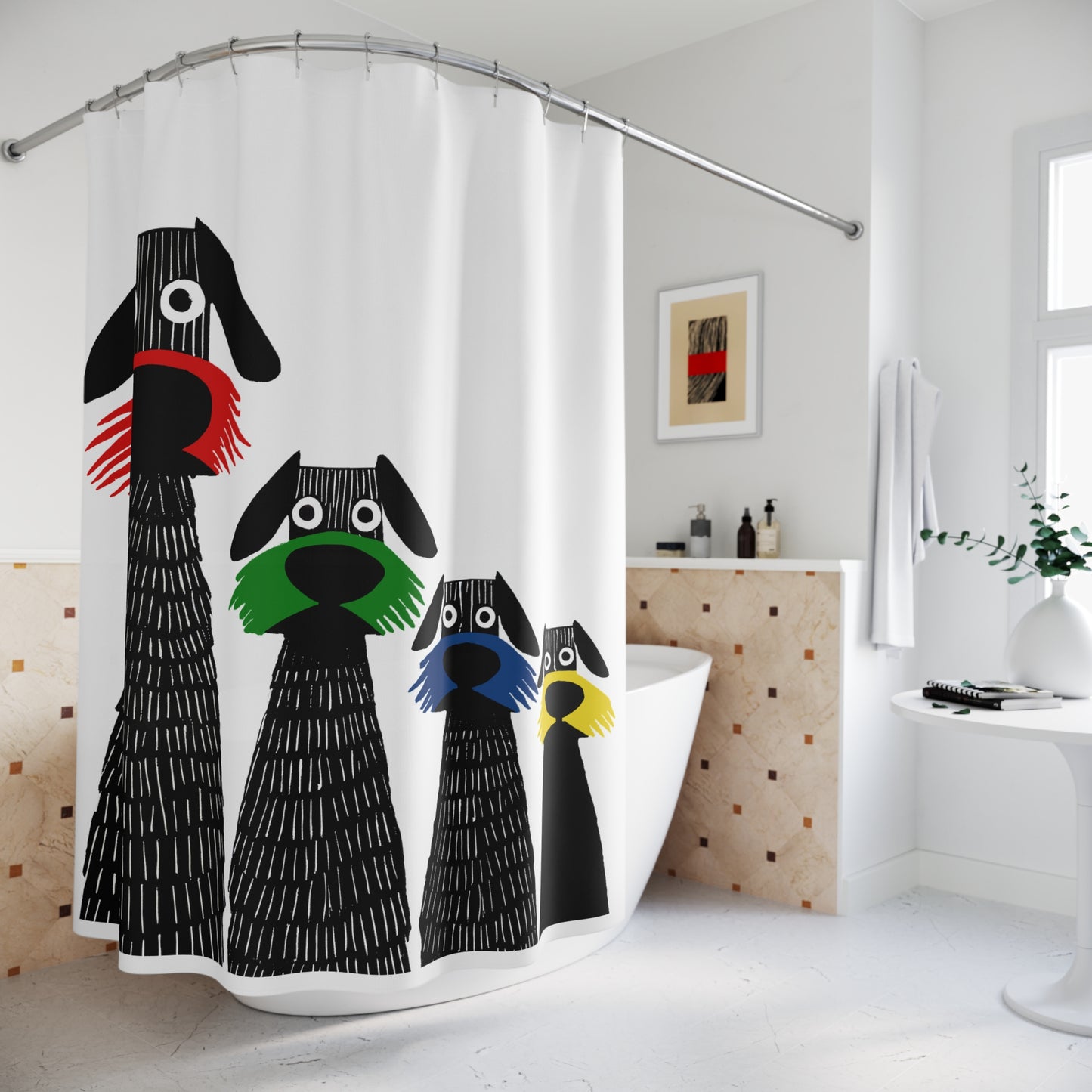 Retro Inspired Wide Eyed Dogs Shower Curtain Primary Colors
