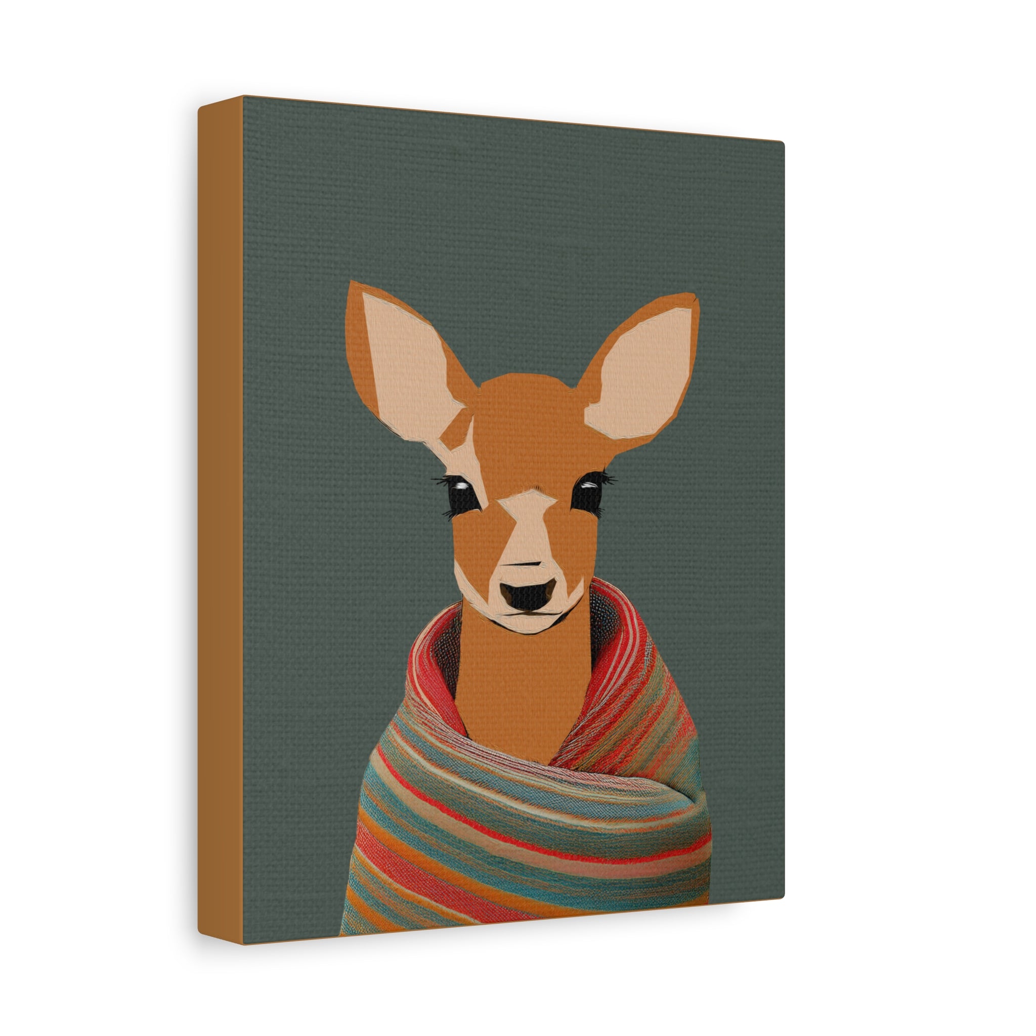 Midwest Mod Baby Deer Doe with Blanket Winter Print- Matte Canvas, Stretched, 1.25", holiday decor, winter, cozy, deer, doe, blankets