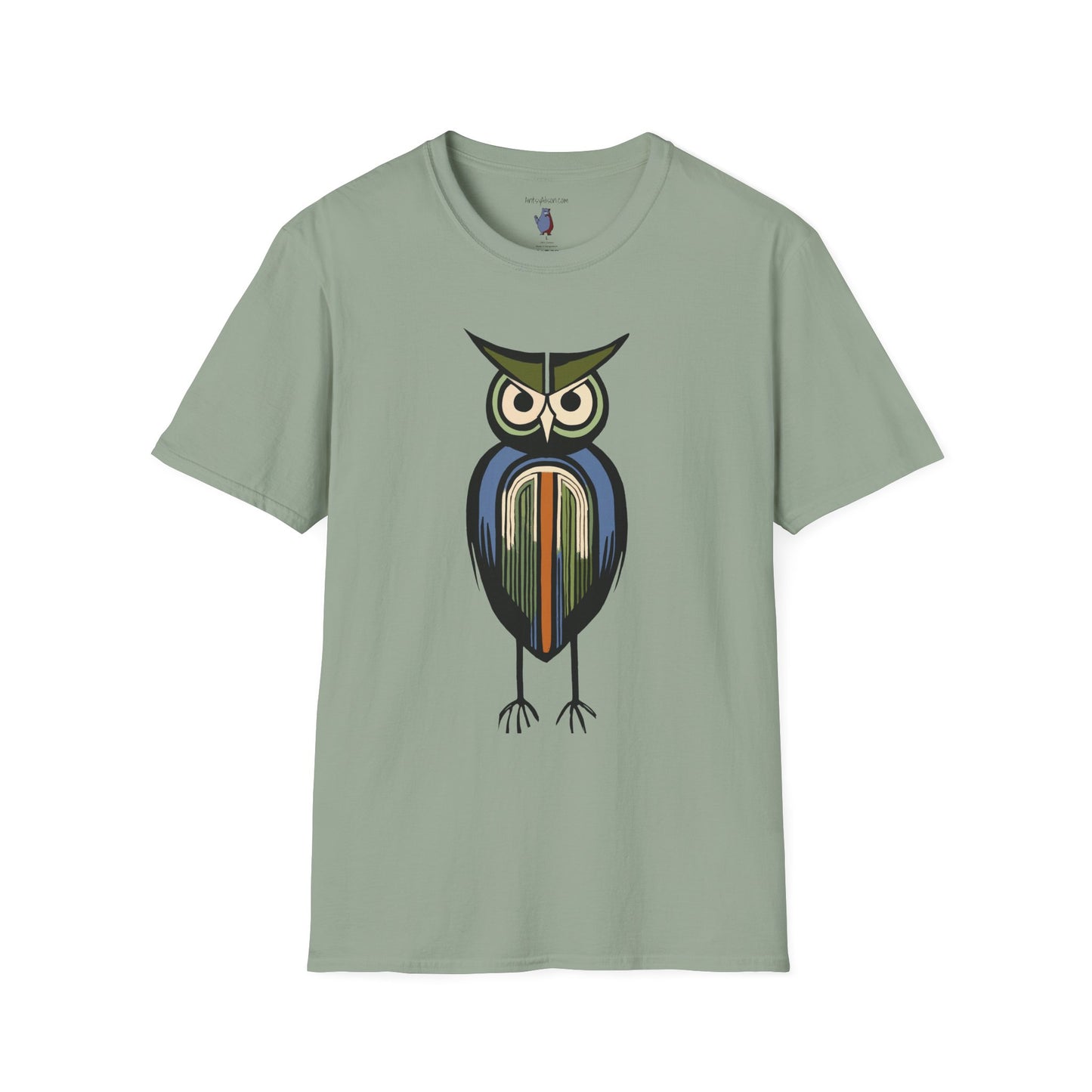Midwest Modern Serious Striped Owl Graphic Art Tee - 100% Cotton T-Shirt