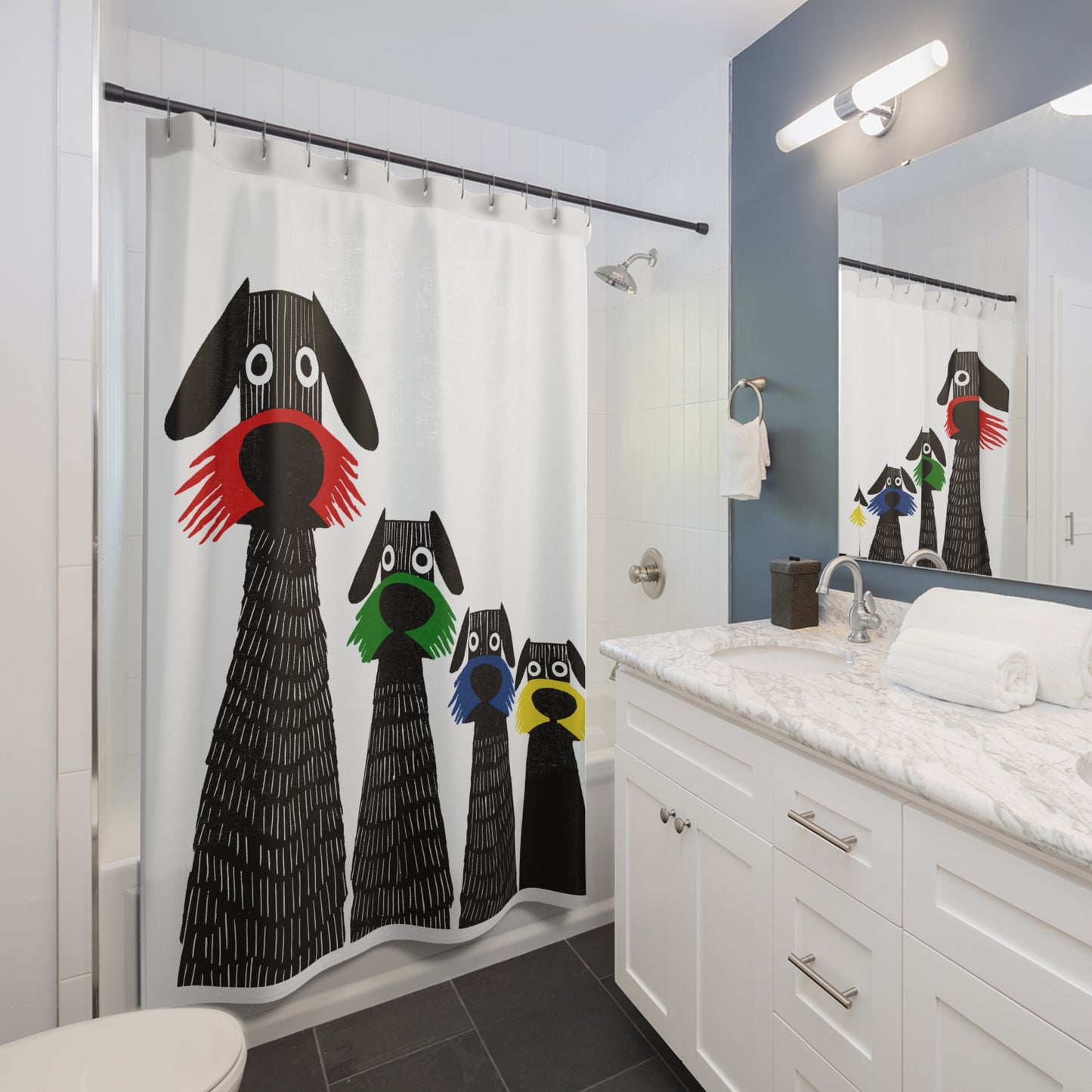 Retro Inspired Wide Eyed Dogs Shower Curtain Primary Colors