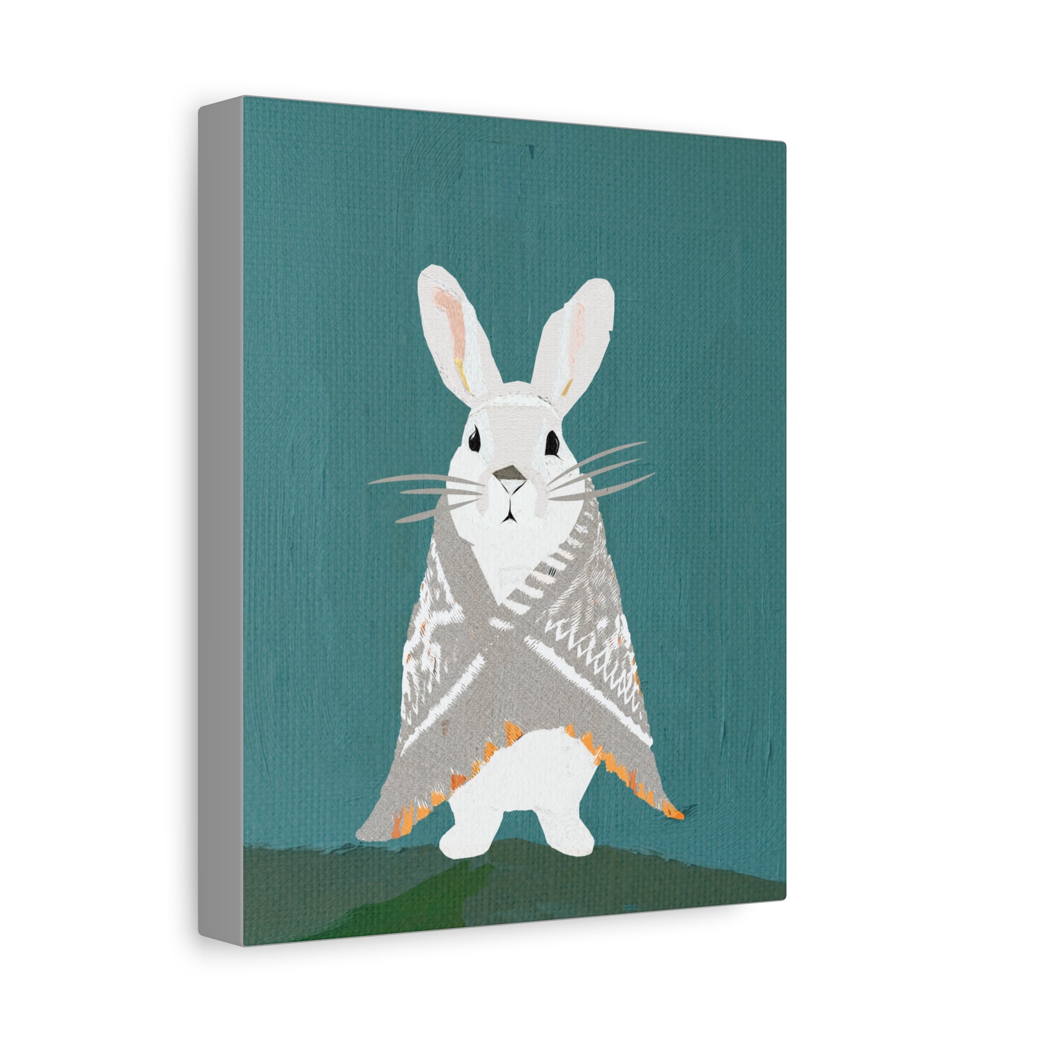 Midwest Mod Snowshoe Hare Bunny Rabbit with Blanket Winter Print- Matte Canvas, Stretched, 1.25", holiday decor, winter, cozy, snowshoe hare, bunny rabbit, blankets