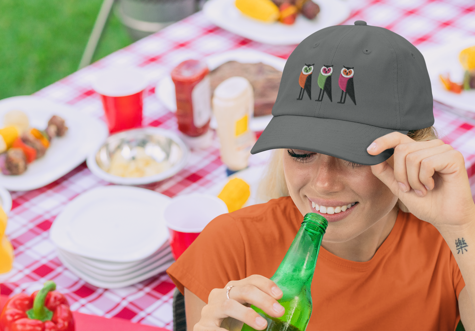 Embroidered Organic Baseball Cap - Midwest Modern Trio of Owls Design