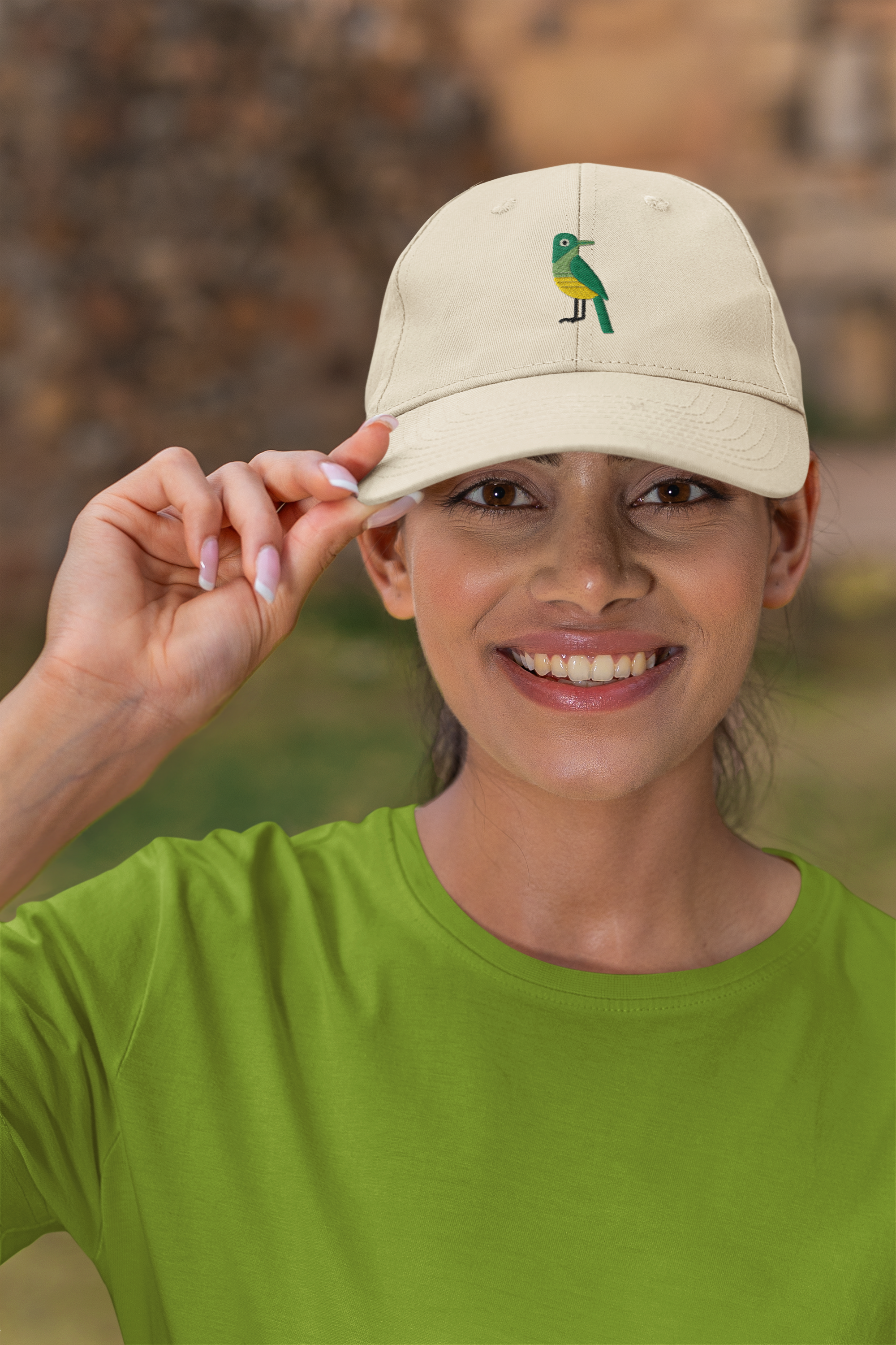 Embroidered Organic Baseball Cap - Stylish Midwest Modern Green Bird Design