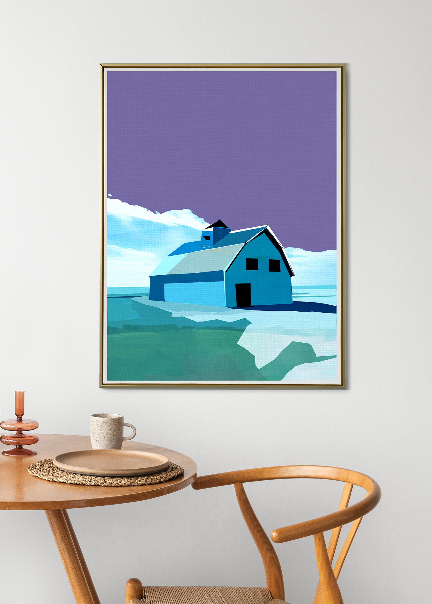 Midwest Modern Prairie Blue Barn Landscape - Matte Canvas, Stretched, 1.25"