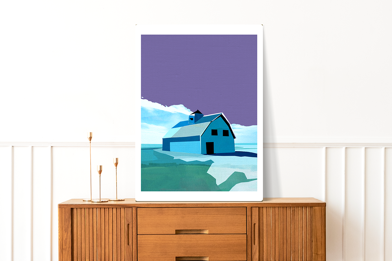 Midwest Modern Prairie Blue Barn Landscape - Matte Canvas, Stretched, 1.25"