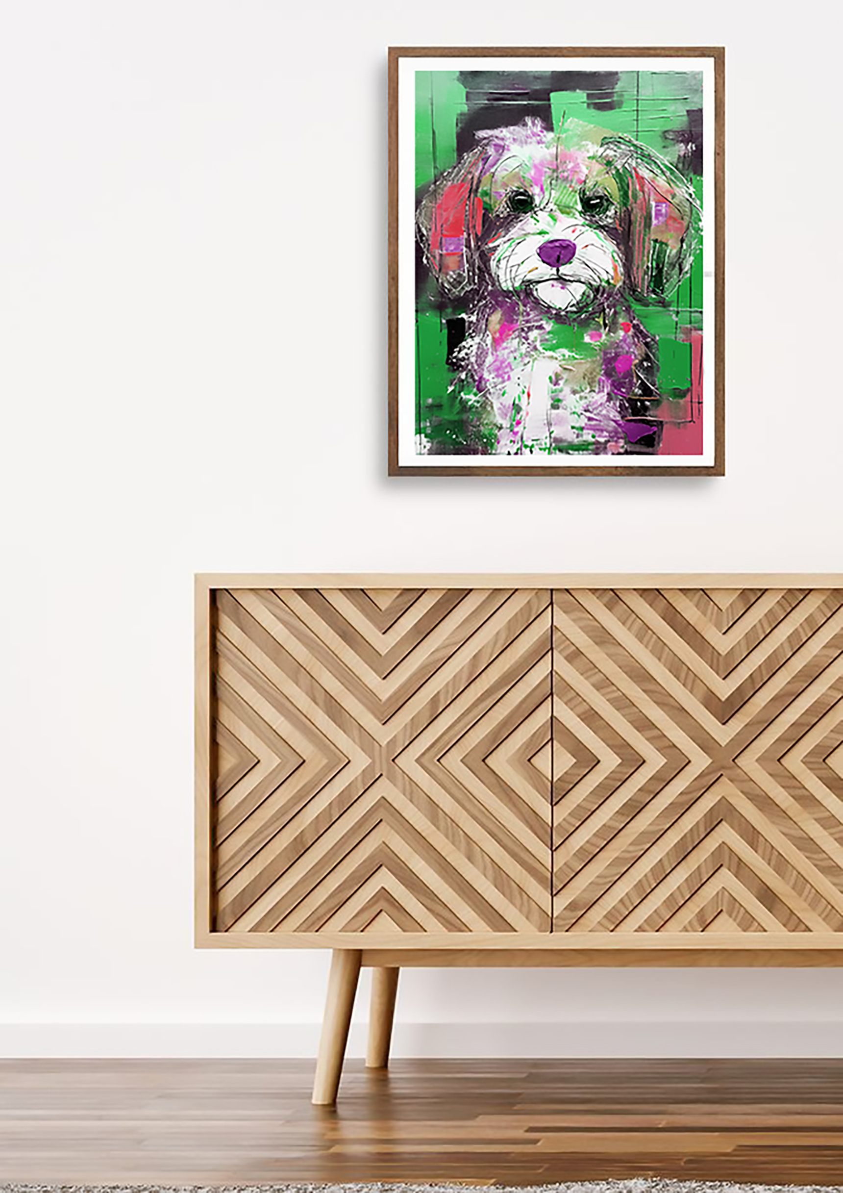 Midwest MCM Inspired Fluffy Pup Dog Collaborative Abstract Modern Art Print - Matte Canvas, Stretched, 1.25"