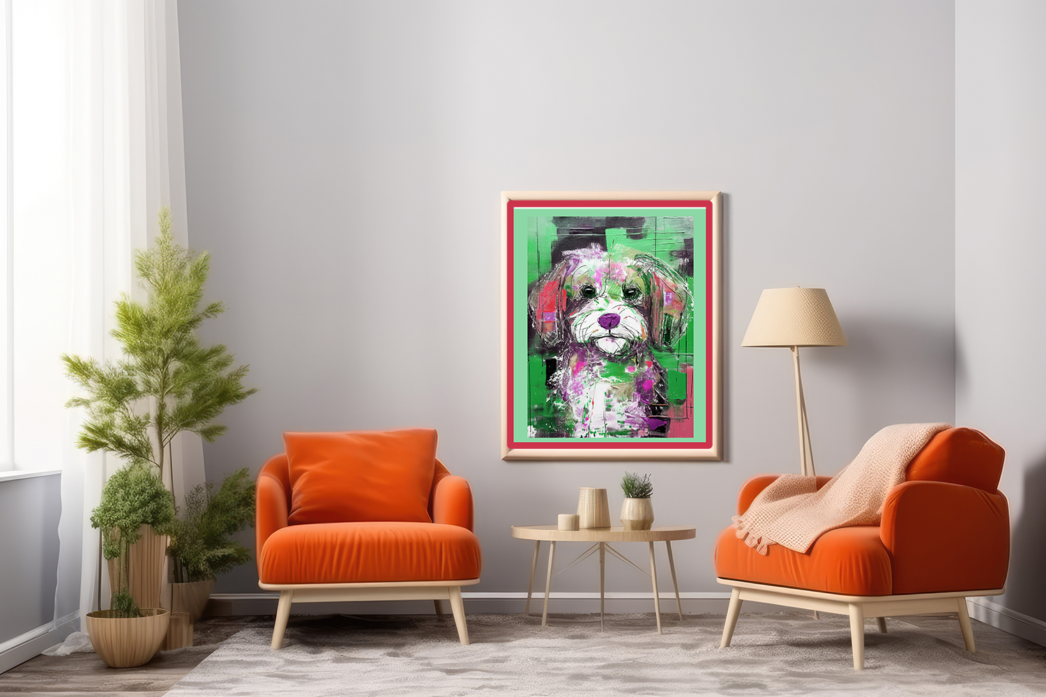 Midwest MCM Inspired Fluffy Pup Dog Collaborative Abstract Modern Art Print - Matte Canvas, Stretched, 1.25"