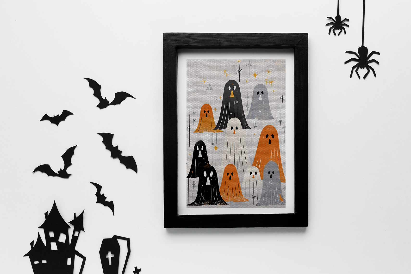 Group of Ghosts Midwest Mod Halloween Art Print  - Matte Canvas, Stretched, 1.25"