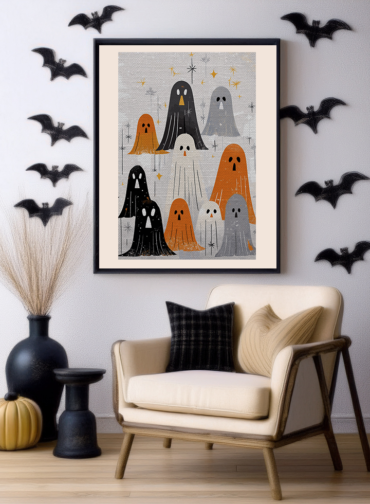 Group of Ghosts Midwest Mod Halloween Art Print  - Matte Canvas, Stretched, 1.25"