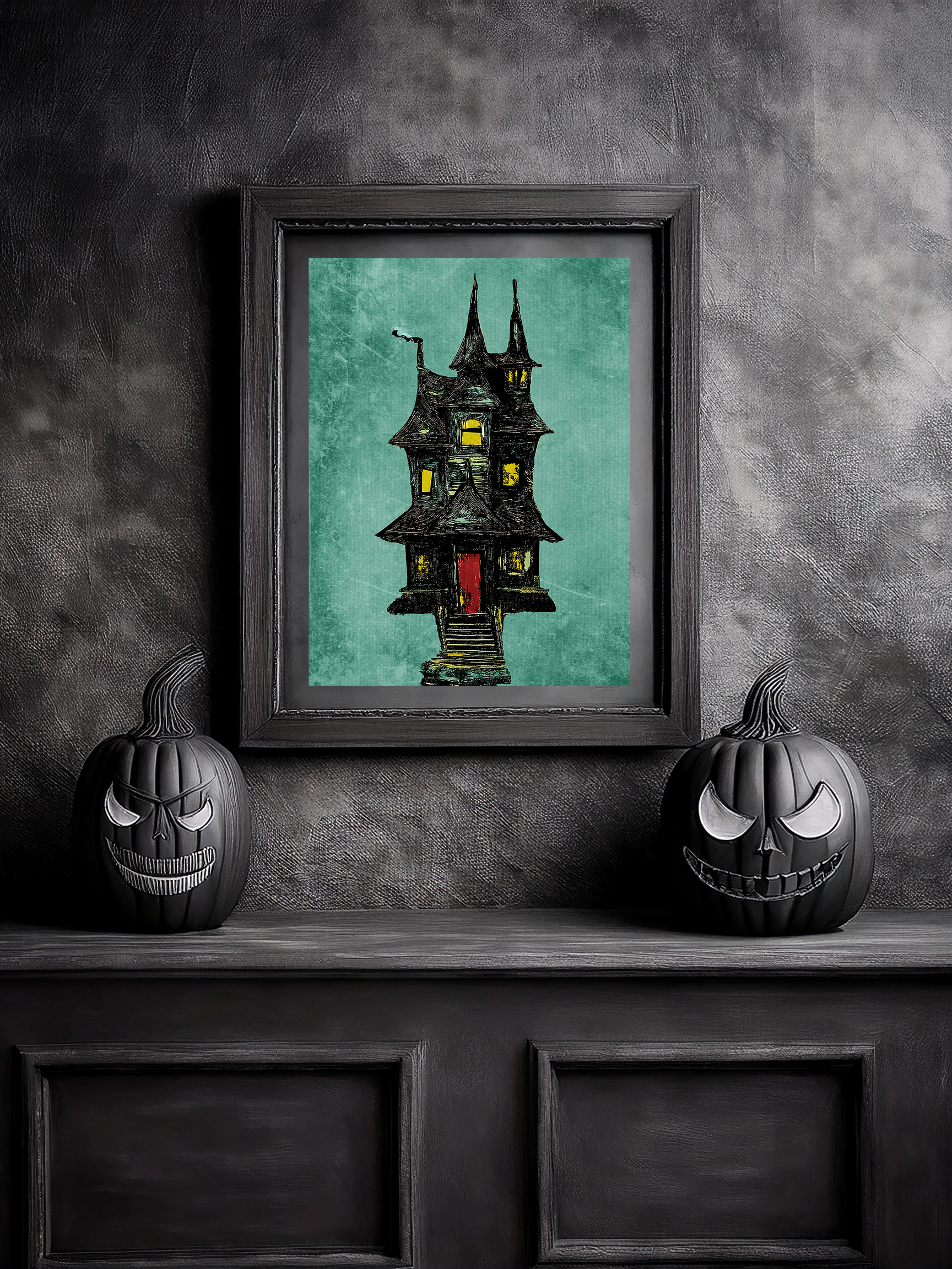 Halloween Seasonal Midwest Mod Haunted House Art Print  - Matte Canvas, Stretched, 1.25"