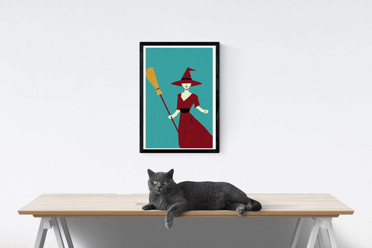 Halloween Seasonal Midwest Mod Witch with Broom Art Print  - Matte Canvas, Stretched, 1.25"