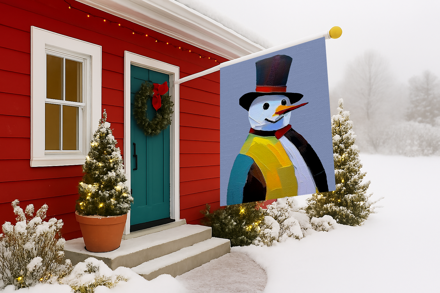 Seasonal Christmas Midwest Mod Painted Snowman Outdoor House Flag Garden Banner