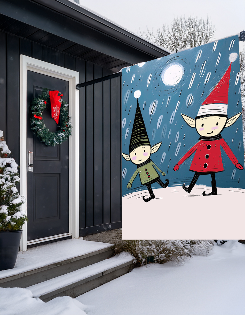 Seasonal Christmas Midwest Mod Two Holiday Elves Outdoor House Flag Garden Banner