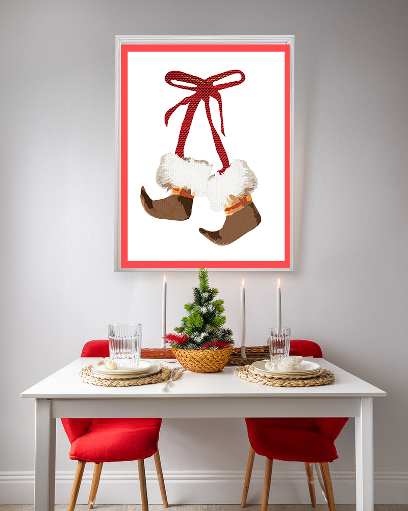 Midwest Mod Holiday Moccasin Fur Elf Shoes Print- Matte Canvas, Stretched, 1.25", holiday decor, Christmas, Santa, Wintergreen, Claus, Kirs Kringle