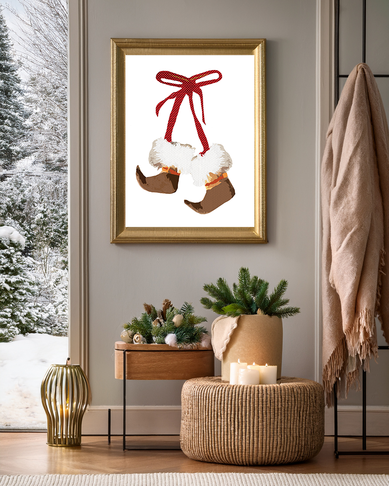 Midwest Mod Holiday Moccasin Fur Elf Shoes Print- Matte Canvas, Stretched, 1.25", holiday decor, Christmas, Santa, Wintergreen, Claus, Kirs Kringle