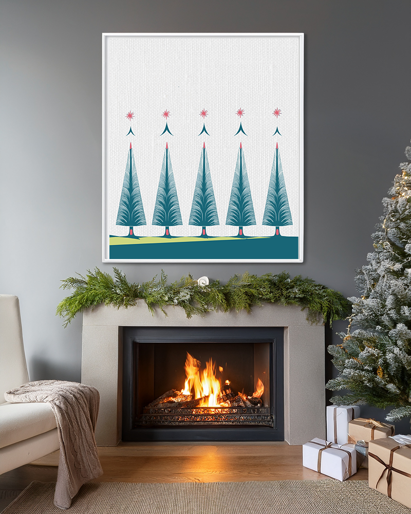 Midwest Mod Holiday Five Folk Trees Print- Matte Canvas, Stretched, 1.25", holiday decor, Christmas, Trees, Whimsical, Scandi, Folk