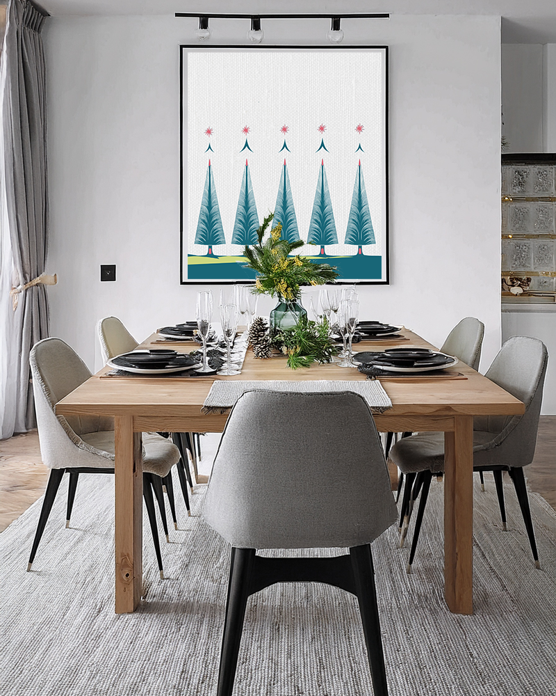 Midwest Mod Holiday Five Folk Trees Print- Matte Canvas, Stretched, 1.25", holiday decor, Christmas, Trees, Whimsical, Scandi, Folk