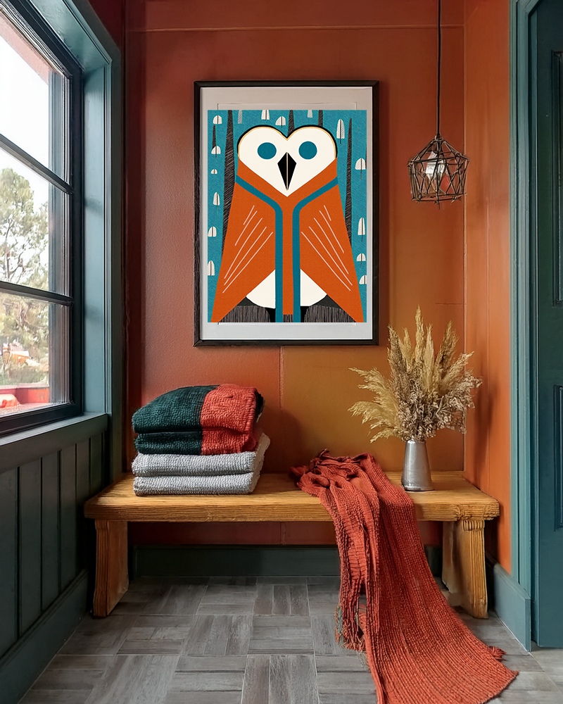 Midwest Mod Snowy Owl with Blanket Winter Print- Matte Canvas, Stretched, 1.25", holiday decor, winter, cozy, owl, blankets