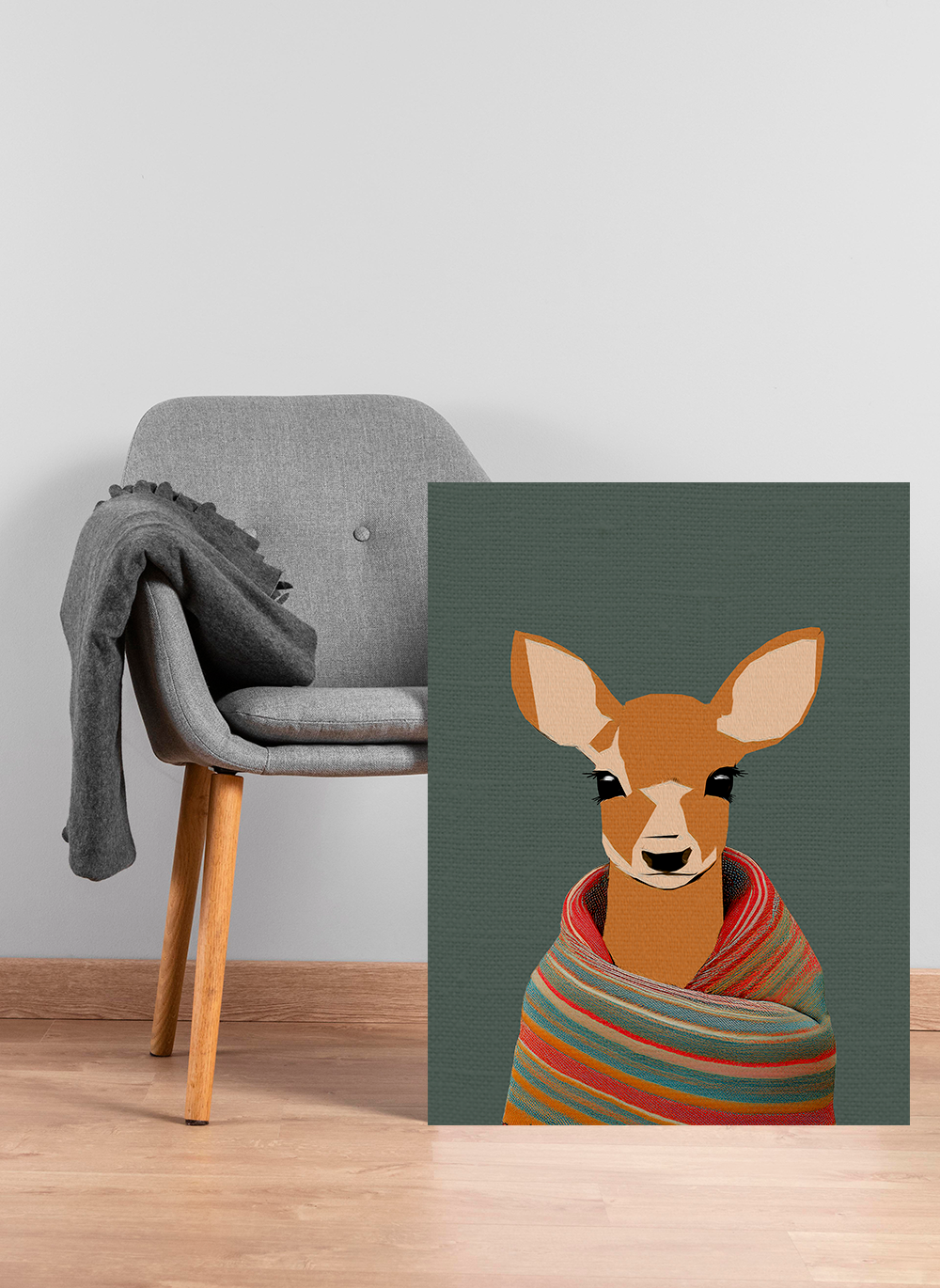 Midwest Mod Baby Deer Doe with Blanket Winter Print- Matte Canvas, Stretched, 1.25", holiday decor, winter, cozy, deer, doe, blankets