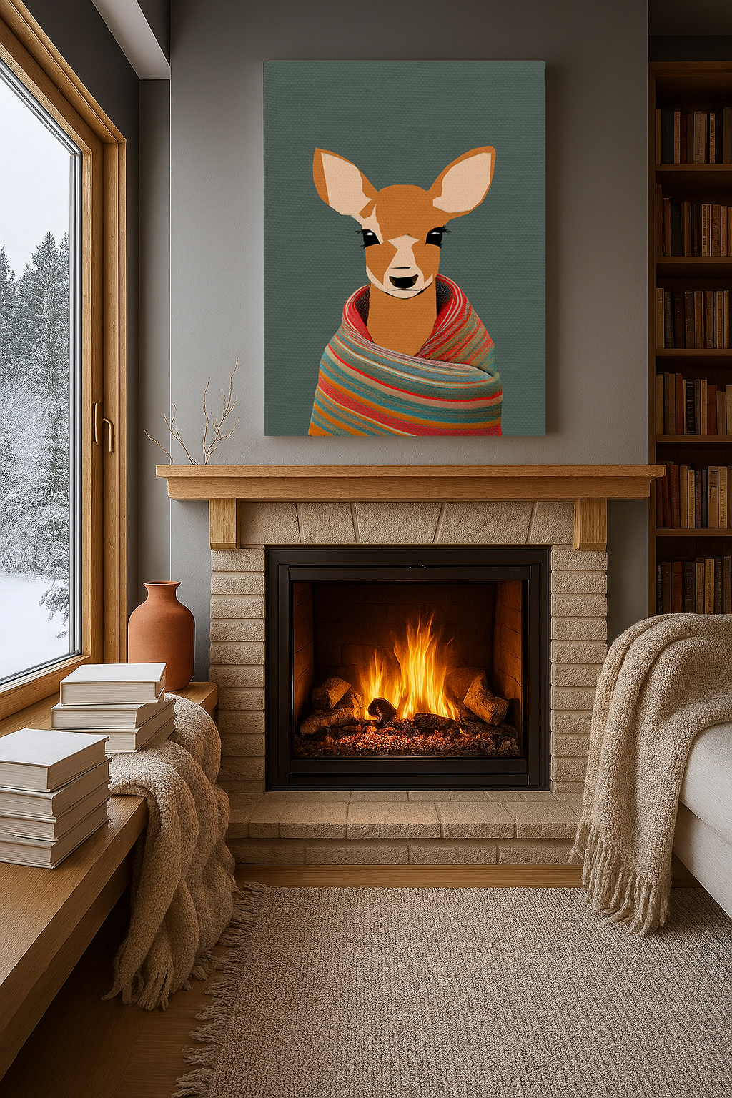 Midwest Mod Baby Deer Doe with Blanket Winter Print- Matte Canvas, Stretched, 1.25", holiday decor, winter, cozy, deer, doe, blankets