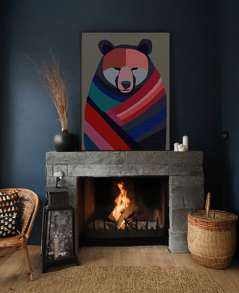 Midwest Mod Bear with Papoose Blanket Winter Print- Matte Canvas, Stretched, 1.25", holiday decor, winter, cozy, bears, blankets