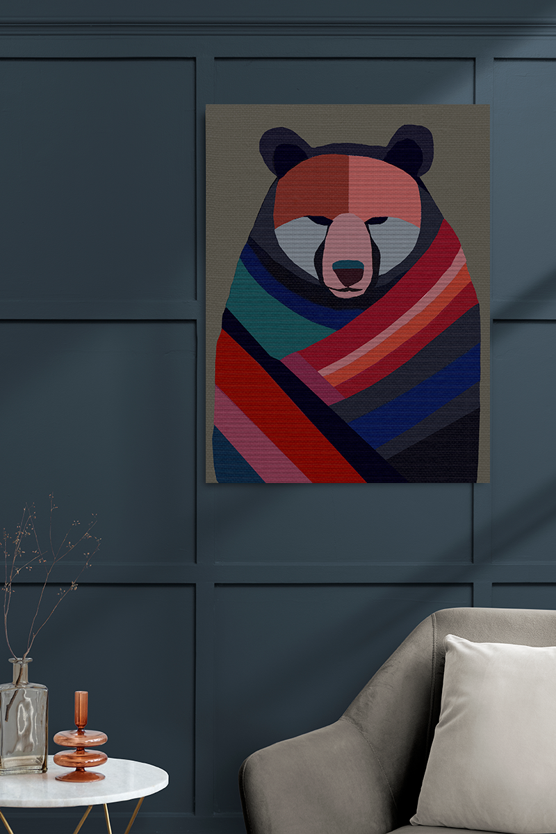 Midwest Mod Bear with Papoose Blanket Winter Print- Matte Canvas, Stretched, 1.25", holiday decor, winter, cozy, bears, blankets