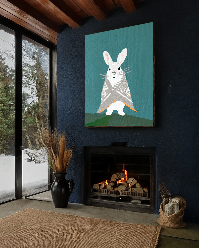 Midwest Mod Snowshoe Hare Bunny Rabbit with Blanket Winter Print- Matte Canvas, Stretched, 1.25", holiday decor, winter, cozy, snowshoe hare, bunny rabbit, blankets