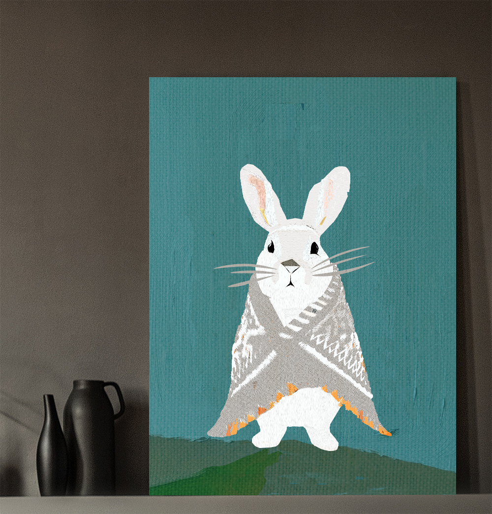 Midwest Mod Snowshoe Hare Bunny Rabbit with Blanket Winter Print- Matte Canvas, Stretched, 1.25", holiday decor, winter, cozy, snowshoe hare, bunny rabbit, blankets